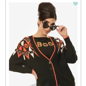 Unique Vintage Halloween Black Orange Cat Pumpkin Bat Argyle Cardigan 3X